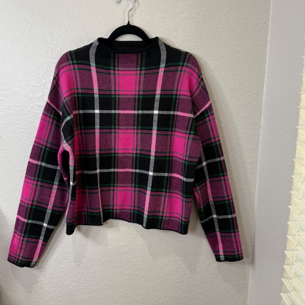 Nicole Miller New York Pink Black Plaid Sweater Women's L Preppy Academia Knit